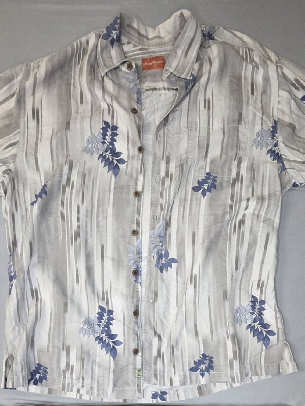 Tommy Bahama XLT 100% Silk Camp Shirt Grey Blue Leaves